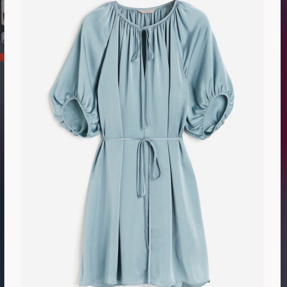 NWT H&M tie detail satin long sleeve mini dress size medium, blue-gray color